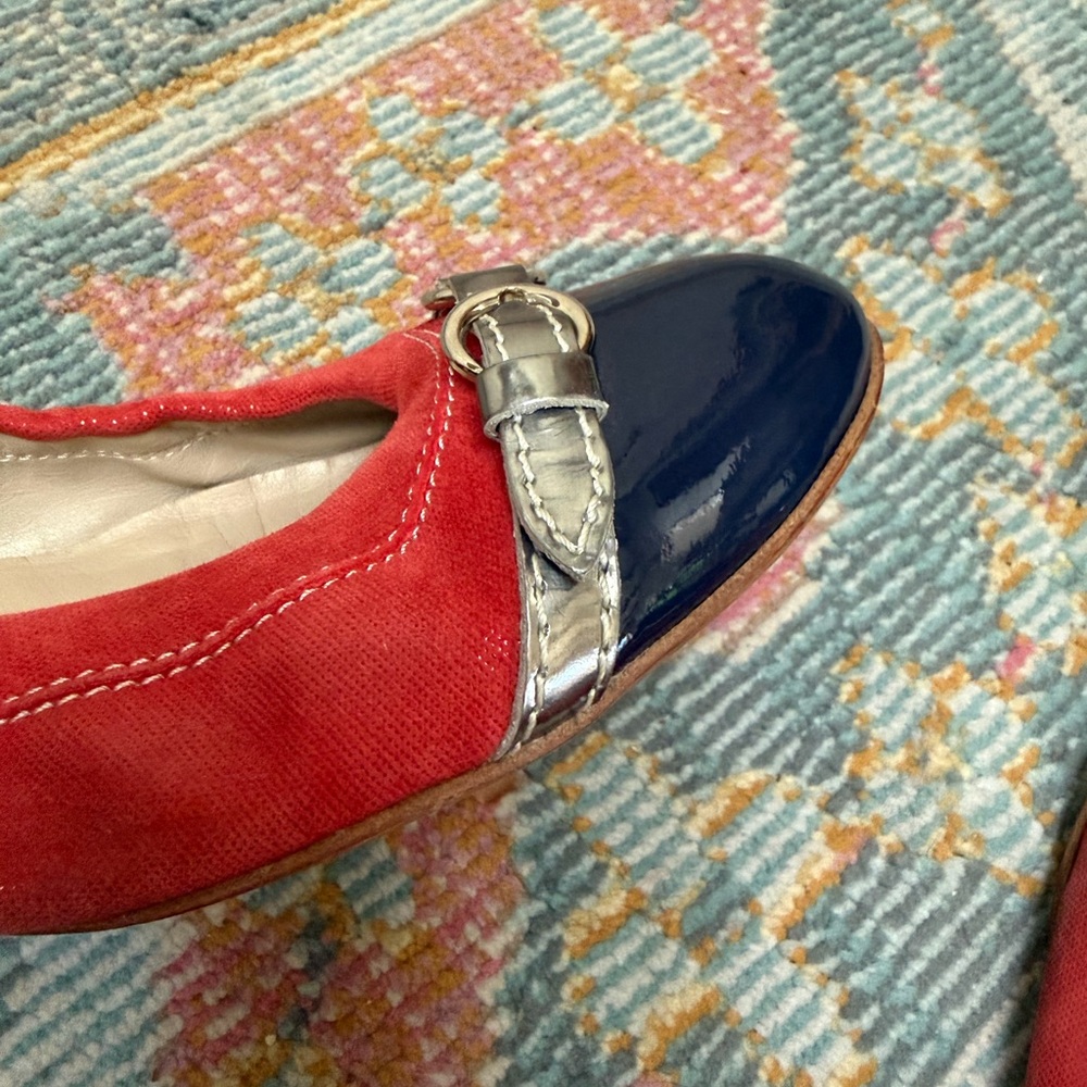 AGL Red suede and Navy patten Flats with silver Buckle Detail - Picture 2 of 5